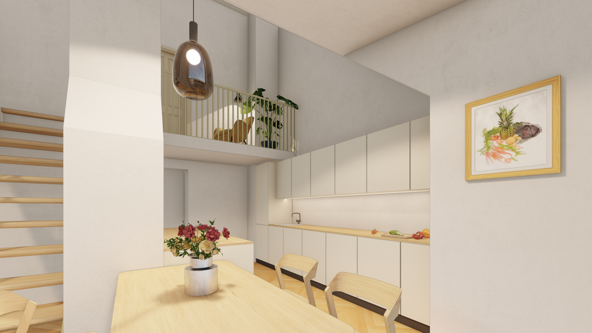 Interiér kuchyně s galerií